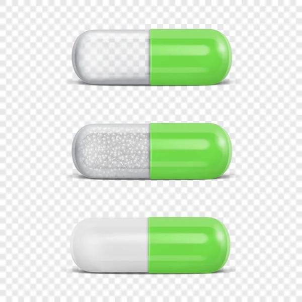 Vektor, 3d realistické zelené lékařských pilulky ikonu nastavit detailní izolované na pozadí mřížky průhlednosti. Šablona návrhu s pilulky, kapsle pro grafiku, maketa. Lékařské a zdravotnické koncepce. Pohled zepředu — Stockový vektor
