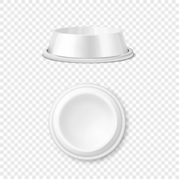 Vektorové realistické bílé prázdné plastové nebo kovové Pet Bowl sady ikon, maketa Closeup izolované na průhledné pozadí. Šablona návrhu misky pro domácí mazlíček, kočka, krmiva pro makety. Vrchní a čelní pohled — Stockový vektor