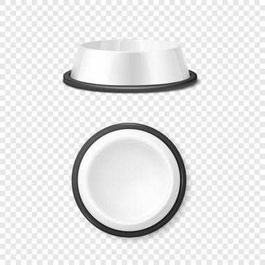 Gerçekçi beyaz boş plastik veya Metal evde beslenen hayvan kase simge seti, şeffaf arka plan üzerinde izole Mock-up Closeup vektör. Kase için evcil hayvan, kedi, hayvan yemi için Mockup tasarım şablonu. Ön ve üst görünümü