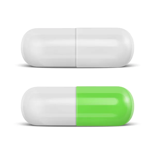 Διάνυσμα 3d ρεαλιστική λευκό και πράσινο χάπι Ιατρική Icon Set Closeup απομονώνονται σε άσπρο φόντο. Πρότυπο σχεδίασης χάπια, κάψουλες για γραφικά, κοροϊδεύω. Ιατρική και υγειονομική περίθαλψη έννοια. Μπροστινή όψη — Διανυσματικό Αρχείο