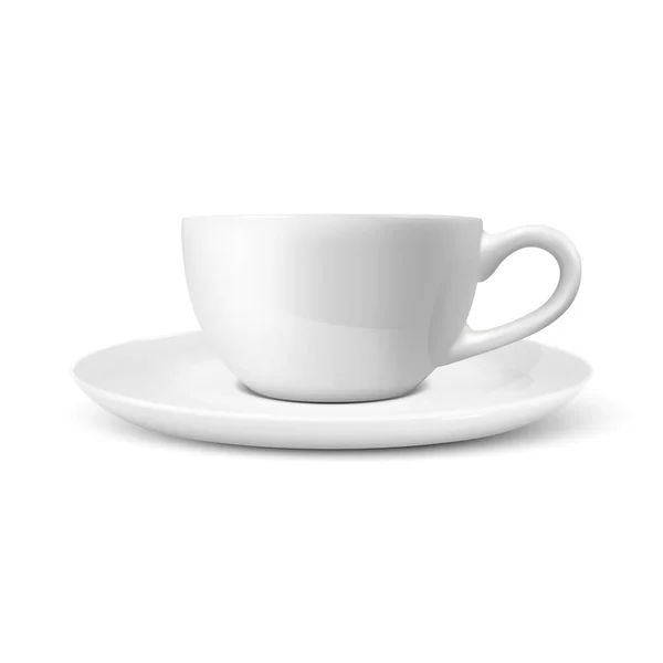 Vector realista 3d brillante en blanco taza de té de café blanco, icono de la taza de primer plano aislado sobre fondo blanco. Plantilla de diseño de taza de porcelana o taza y plato platillo para Branding, Mockup. Vista frontal — Vector de stock