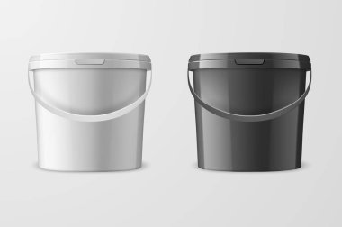 Vektör gerçekçi 3d beyaz ve izole üzerinde beyaz arka plan macun siyah plastik kova gıda ürünleri, yapıştırıcılar, astar, boya, gıda ürünleri için. Tasarım şablonu Mockup için Packagin. Önden Görünüm