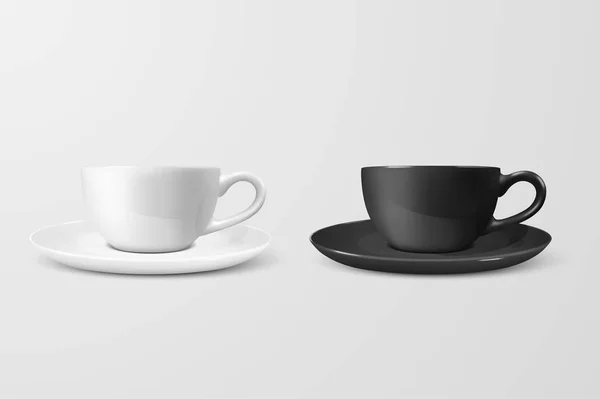 Vecteur réaliste 3d blanc blanc et noir tasse de thé de café, tasse Icône Closeup isolé sur fond blanc. Modèle de conception de tasse en porcelaine ou tasse et assiette de soucoupe pour Branding, Mockup. Vue de face — Image vectorielle