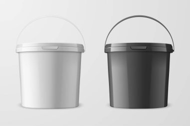Vektör gerçekçi 3d beyaz ve izole üzerinde beyaz arka plan macun siyah plastik kova gıda ürünleri, yapıştırıcılar, astar, boya, gıda ürünleri için. Tasarım şablonu Mockup için Packagin. Önden Görünüm