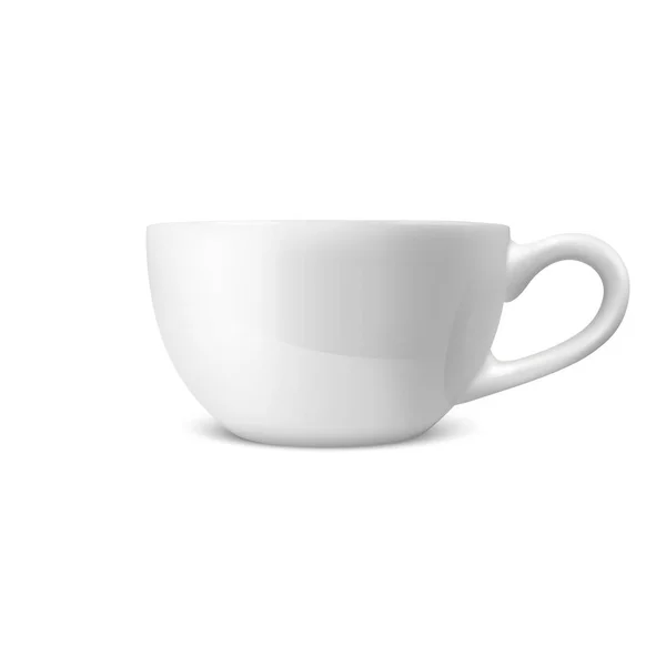 Vector realista 3d brillante en blanco taza de té de café blanco, icono de la taza de primer plano aislado sobre fondo blanco. Plantilla de diseño de taza de porcelana o taza para Branding, burla. Vista frontal — Vector de stock