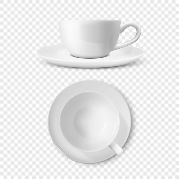 Reális vektoros 3d fényes üres fehér Tea kávé csésze, bögre készlet Vértes elszigetelt. Tervezősablon porcelán csésze, bögre vagy csészealj lemez Branding, makett. Elülső és felső nézetben — Stock Vector