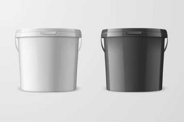 Vektör gerçekçi 3d beyaz ve izole üzerinde beyaz arka plan macun siyah plastik kova gıda ürünleri, yapıştırıcılar, astar, boya, gıda ürünleri için. Tasarım şablonu Mockup için Packagin. Önden Görünüm