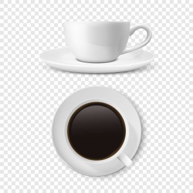 Gerçekçi vektör 3d parlak boş beyaz kahve fincanı veya kupa ayarla Americano ya da izole Espresso Closeup ile. Kahve kupa veya Kupası ve daire için marka, Mockup tasarım şablonu. Ön ve üst görünümü
