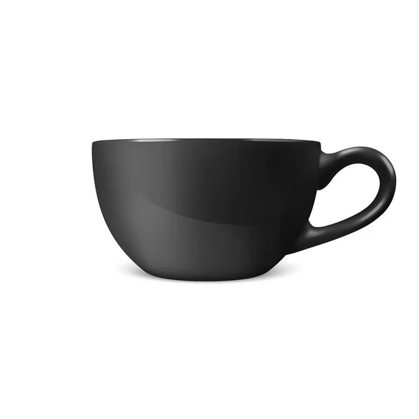 Vector realista 3d brillante en blanco taza de té de café negro, icono de la taza de primer plano aislado sobre fondo blanco. Plantilla de diseño de taza de porcelana o taza para Branding, burla. Vista frontal — Vector de stock