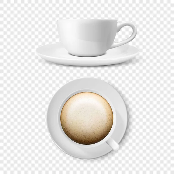Realista Vector 3d brillante taza de café blanco o conjunto de taza con café capuchino primer plano aislado. Plantilla de diseño de taza de café o taza y platillo para Branding, burla. Vista frontal y superior — Vector de stock