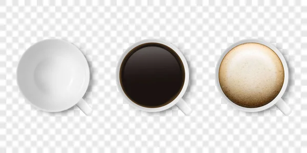 Vecteur réaliste 3d brillant blanc tasse à café ou tasse Icône Set avec Americano, Espresso, cappuccino Fermer Isolé. Modèle de conception de tasse de café ou de tasse pour Mockup. Vue du dessus — Image vectorielle
