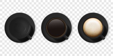 Gerçekçi vektör 3d parlak boş siyah kahve fincanı veya kupa simgesi ayarla izole Americano, Espresso, kapuçino Closeup ile. Kahve kupa veya Kupası ve fincan tabağı tabak, Mockup tasarım şablonu. Üstten Görünüm