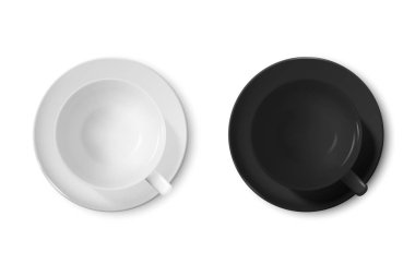 Gerçekçi 3d parlak boş beyaz ve siyah vektör kahve fincanı veya kupa simgesi ayarla şeffaf arka plan üzerinde izole kapatmak. Kahve kupa veya Kupası ve fincan tabağı tabak, Mockup tasarım şablonu. Üstten Görünüm