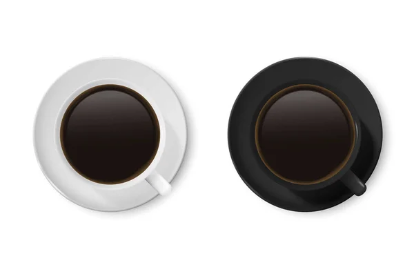 Vecteur réaliste 3d brillant blanc blanc et noir tasse à café ou tasse Icône Set avec Americano, Espresso Fermer Isolé sur fond blanc. Modèle de conception de tasse de café ou de tasse, Mockup. Vue du dessus — Image vectorielle