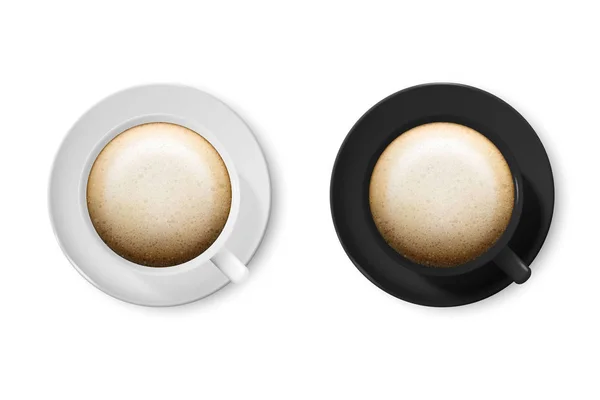 Vecteur réaliste 3d brillant blanc et noir tasse à café ou tasse Icône Set avec cappuccino Fermer Isolé sur fond blanc. Modèle de conception de tasse de café ou de tasse, Mockup. Vue du dessus — Image vectorielle