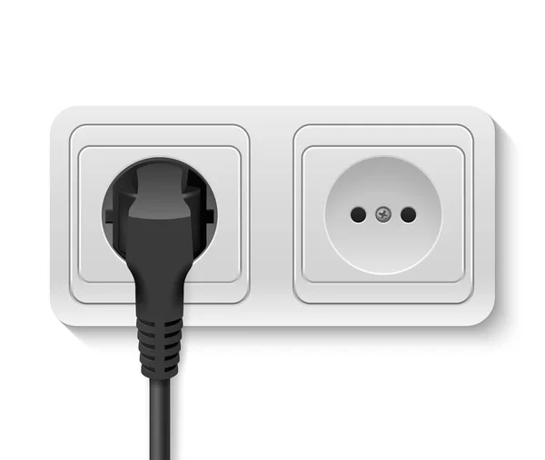 Vector realista 3d plugue preto inserido em um ícone de soquete de parede Closeup isolado no fundo branco. Modelo do projeto da tomada nas linhas de alimentação, cabo elétrico. Dispositivo para conexão de eletricidade —  Vetores de Stock