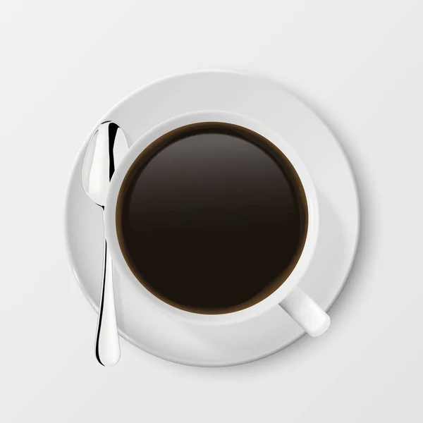 Realistisk vektor 3d glänsande Blank vit kaffekopp eller Mugg med Americano, Espresso och te eller kaffe sked närbild isolerad på vit bakgrund. Formgivningsmall för kaffe mugg eller kopp, Mockup. Ovanifrån — Stock vektor