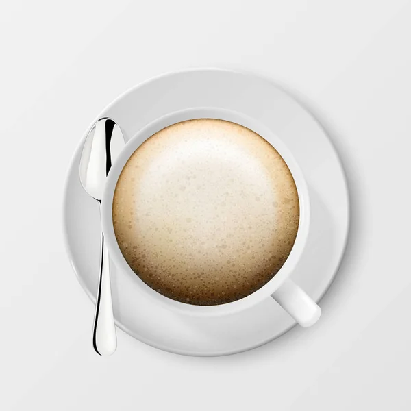 Реалистичный вектор 3d глянцевый белый кофе чашка или кружка с капучино и чай или кофе ложка крупным планом изолированы на белом фоне. Дизайн шаблон Кофейная кружка или Кубок, макет. Вид сверху — стоковый вектор