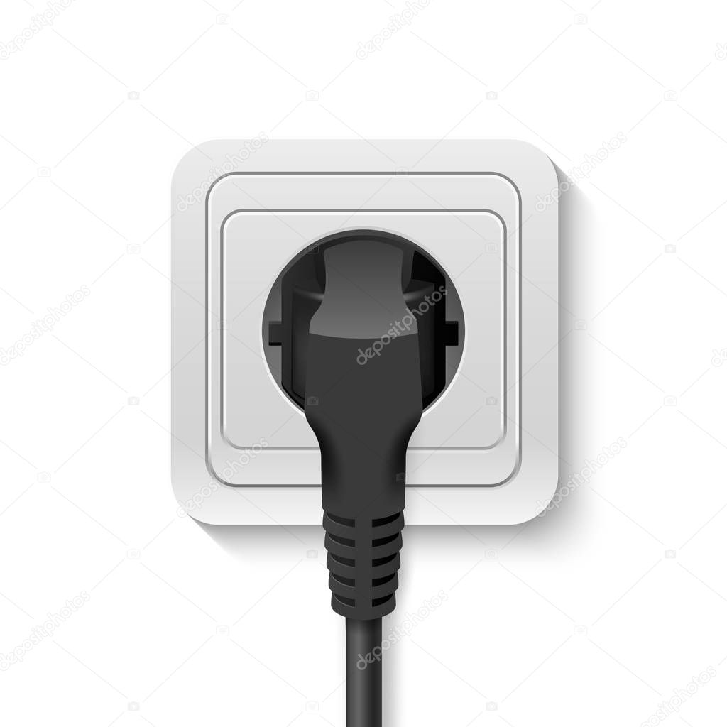 Realistic Vector 3d Black Plug Inserted in a Wall Socket Icon Closeup Isolated on White Background. Design Template of Plug into the Power Lines, Electric Cord. Device for Connecting Electricity