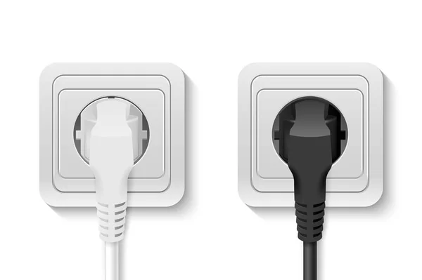 Vector realista 3d blanco y negro enchufe insertado en un conjunto de enchufe de pared primer plano aislado en blanco. Plantilla de diseño de enchufe en las líneas de alimentación, cable eléctrico. Dispositivo para conectar electricidad — Vector de stock