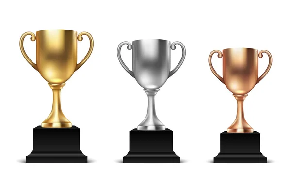 Διάνυσμα 3d κενό χρυσά, αργυρά και χάλκινα πρωταθλητής Κύπελλο Icon Set Closeup απομονωθεί σε λευκό φόντο. Πρότυπο σχεδίασης του τρόπαιο πρωταθλήματος. Αθλητικά τουρνουά βραβείο, νικητής Κύπελλο και νίκη της έννοιας — Διανυσματικό Αρχείο