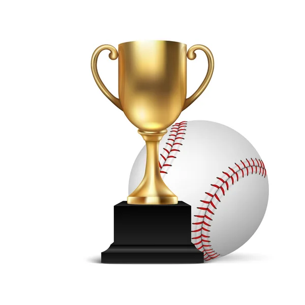 Realistico Vector 3d Blank Golden Champion Cup Icona wirh Baseball Set Primo Piano Isolato su Bianco. Design Template of Championship Trophy. Premio Torneo Sportivo, Gold Winner Cup e Victory Concept — Vettoriale Stock