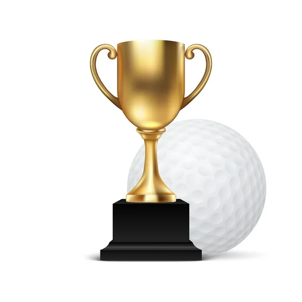 Realistic Vector 3d Blank Golden Champion Cup Icon wirh Golf Ball Set Closeup Isolated on White. Design Template of Championship Trophy. Sport Tournament Award, Gold Winner Cup and Victory Concept — Stock Vector