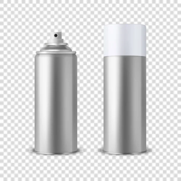 Vector 3d realista plata pulverización en blanco lata, botella de pulverización con tapa de primer plano aislado sobre fondo transparente. Plantilla de diseño de pulverizador puede para fingir, paquete, publicidad, Hairspray, desodorante, etc. — Vector de stock