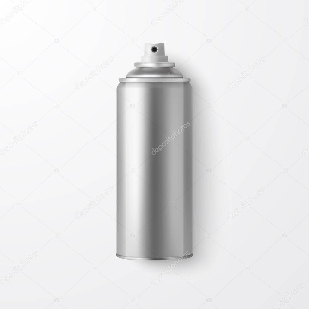 Vector 3d Realistic Silver Blank Spray Can, Spray Bottle Closeup Isolated on White Background. Design Template of Sprayer Can for Mock up, Package, Advertising, Hairspray, Deodorant. Top View