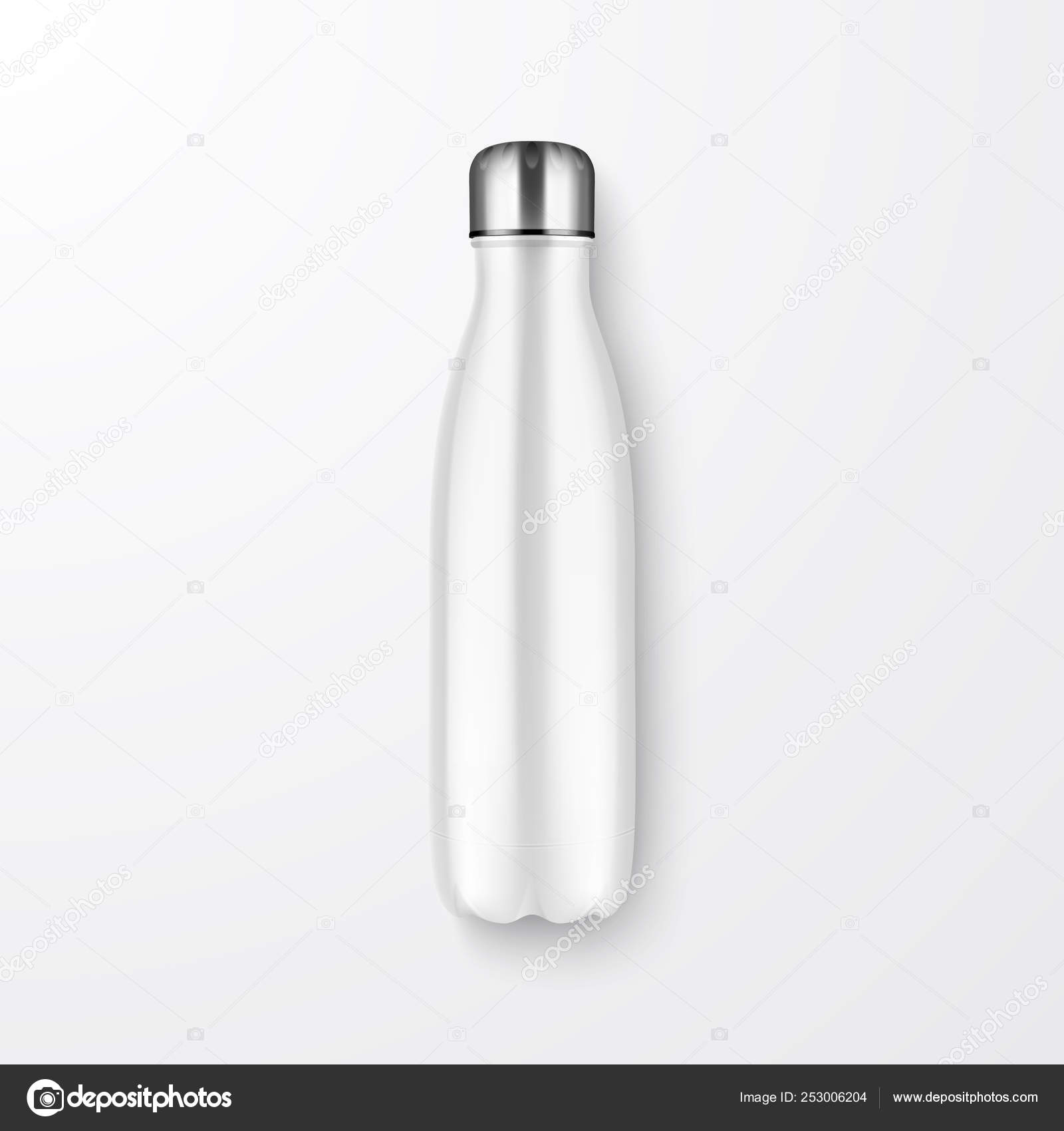 Download Vector Realistic 3d White Empty Glossy Metal Reusable Water Bottle With Silver Bung Closeup On White Background Design Template Of Packaging For Mock Up Package Advertising Logo Top View Vector Image
