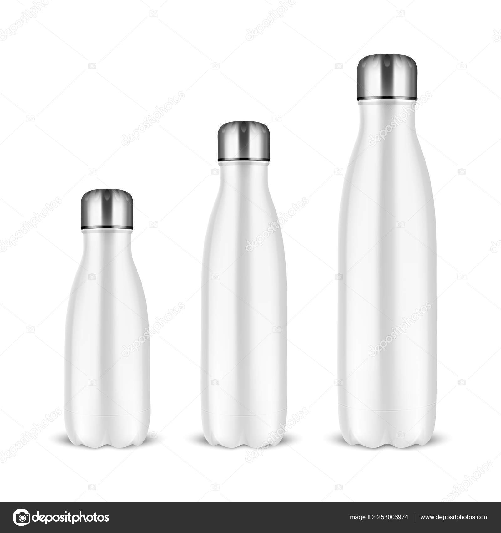 Download Vector Realistic 3d White Empty Glossy Metal Reusable Water Bottle Set With Silver Bung Closeup On White Background Different Size Design Template Of Packaging For Mock Up Advertising Front View Vector