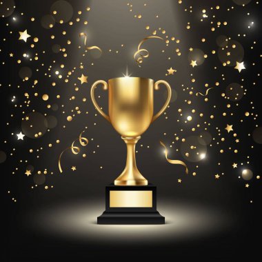 Arka plan ile gerçekçi vektör 3d boş altın parlak şampiyon kupa. Şampiyonluk Kupası. Spor turnuva ödülü, altın kazanan Kupası ve zafer kavramı