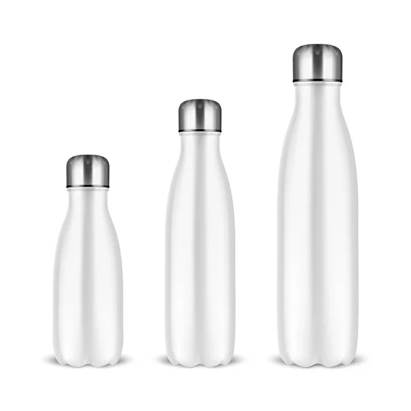 Vektor valósághű 3d fehér üres fényes fém újrahasználható vizes palackot készlet ezüst furatos Vértes fehér háttér. Különböző méretű. Design sablon csomagolás Mock up, reklám. Elölnézet — Stock Vector