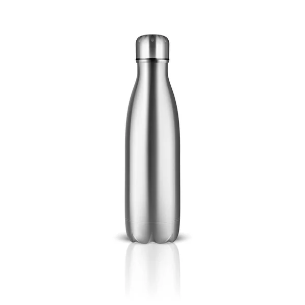 Vektor realistische 3D Silber leer glänzend Metall wiederverwendbare Wasserflasche mit silberner Bung Nahaufnahme auf weißem Hintergrund. Verpackungsvorlage für Mock-up, Verpackung, Werbung, Logo. Frontansicht — Stockvektor