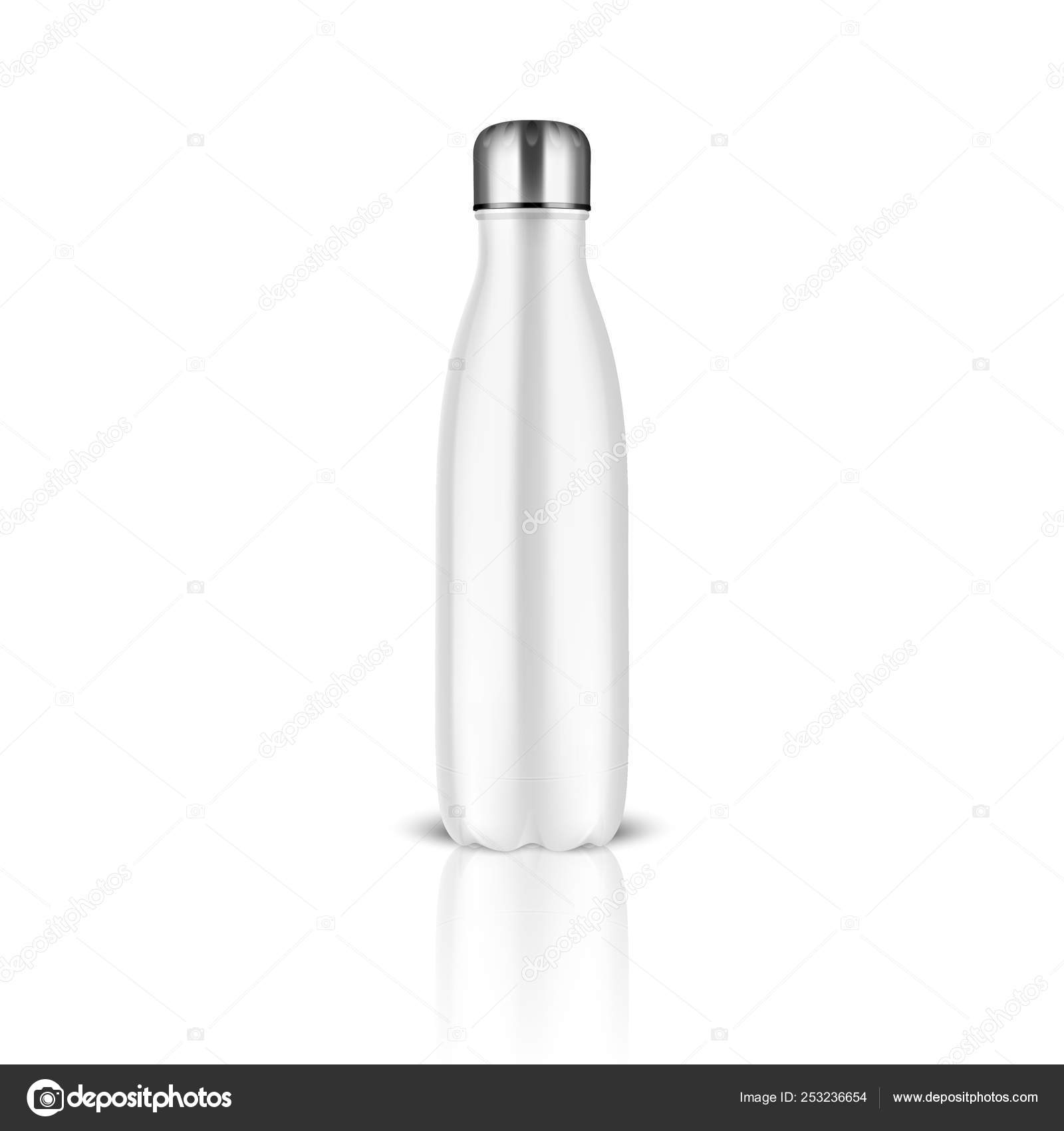 Download Vector Realistic 3d White Empty Glossy Metal Reusable Water Bottle With Silver Bung Closeup On White Background Design Template Of Packaging For Mock Up Package Advertising Logo Front View Vector Image
