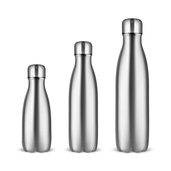 Vektor realistische 3D Silber leer glänzend Metall wiederverwendbare Wasserflasche Set mit silbernen Bung Nahaufnahme auf weißem Hintergrund. unterschiedliche Größe. Design-Verpackungsvorlage für Mock-up, Werbung. Frontansicht — Stockvektor