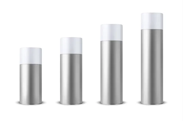 Vector 3d Realistic Silver Blank Spray Can, Bottiglia spray con tappo di chiusura isolato su sfondo bianco. Modello di progettazione di spruzzatore può per finto, pacchetto, pubblicità, lacca per capelli, deodorante ecc — Vettoriale Stock