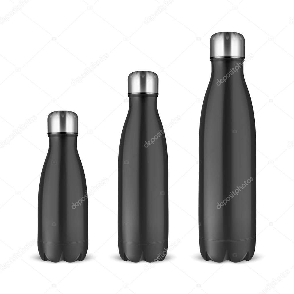 Vector Realistic 3d Black Empty Glossy Metal Reusable Water Bottle Set with Silver Bung Closeup on White Background. Different Size. Design Template of Packaging for Mock up, Advertising. Front View