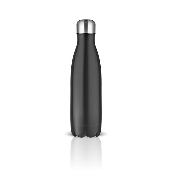 Vektor realistische 3D schwarz leer glänzend Metall wiederverwendbare Wasserflasche mit silberner Bung Nahaufnahme auf weißem Hintergrund. Verpackungsvorlage für Mock-up, Verpackung, Werbung, Logo. Frontansicht — Stockvektor