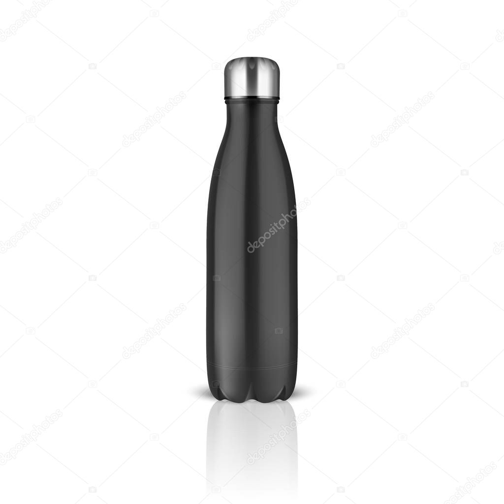 Vector Realistic 3d Black Empty Glossy Metal Reusable Water Bottle with Silver Bung Closeup on White Background. Design Template of Packaging for Mock up, Package, Advertising, Logo. Front View