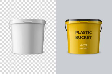 Vektör gerçekçi 3d beyaz plastik kova gıda ürünleri, boya, gıda ürünleri, yapıştırıcılar, astar, macun için izole. Tasarım şablonu Mockup için Packagin. Önden Görünüm