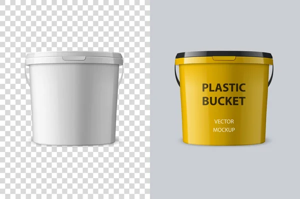 Vektör gerçekçi 3d beyaz plastik kova gıda ürünleri, boya, gıda ürünleri, yapıştırıcılar, astar, macun için izole. Tasarım şablonu Mockup için Packagin. Önden Görünüm — Stok Vektör