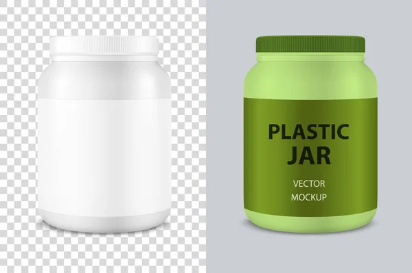 Vektor realistische 3D weiße Plastikdose, kann mit Deckel Nahaufnahme isoliert. Design-Vorlage aus Molkenprotein, Sportpuder, Vitaminen, Bcaa, Pillen, Mützen für Attrappen. Frontansicht — Stockvektor