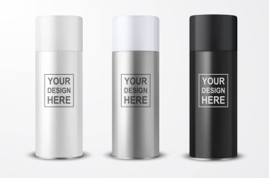 3D gerçekçi beyaz boş sprey olabilir vektör, simgesi ayarla Closeup izole beyaz arka plan üzerinde şişe. Sahte kadar reklam, paket, saç spreyi Deodorant vb tasarım şablonu püskürtücü olabilir