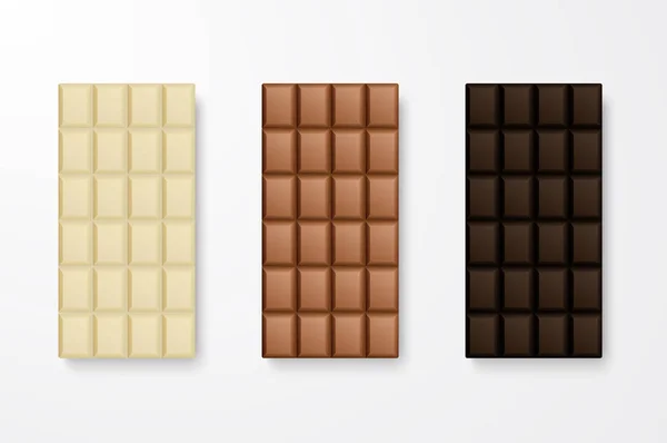 Vektoros 3d reális fehér-, tej- és sötét fekete csokoládé büfé ikon készlet Vértes elszigetelt fehér Background. Tervezősablon. Szemközti nézet — Stock Vector