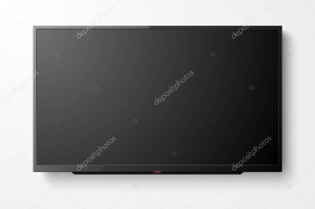 Vector 3d Realistic Black Blank TV Screen. Modern LCD LED Panel Set Closeup Isolated on White Background. Design Template of Large Computer Monitor Display for Mockup
