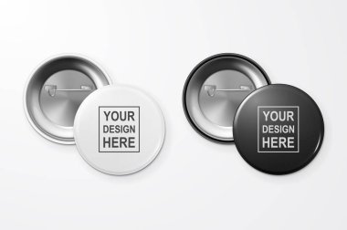 Vector 3d Realistic Black and White Blank Button Badge Closeup Isolated on White Background. Design Template for Mock up, Advertising. Top View clipart