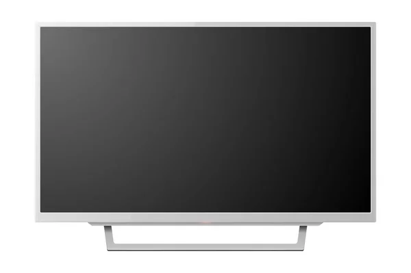 Vector 3D Realista Blanco Blanco Pantalla de TV Stand. Moderno panel LCD led conjunto primer plano aislado sobre fondo blanco. Plantilla de diseño de pantalla de monitor de computadora grande para burla — Archivo Imágenes Vectoriales