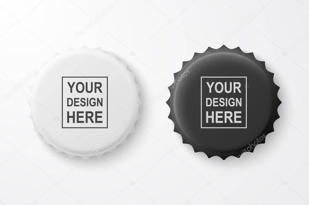 Vector 3d Realistic Black and White Blank Beer Bottle Cap Set Closeup Isolated on White Background. Design Template for Mock up, Package, Advertising. Top and Bottom View