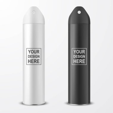 3D gerçekçi beyaz ve siyah vektör boş sprey hava temizleyici şişesi Set Closeup beyaz arka plan üzerinde izole. Mock up, paket, saç spreyi Deodorant için püskürtücü şablon tasarlayın. Önden Görünüm